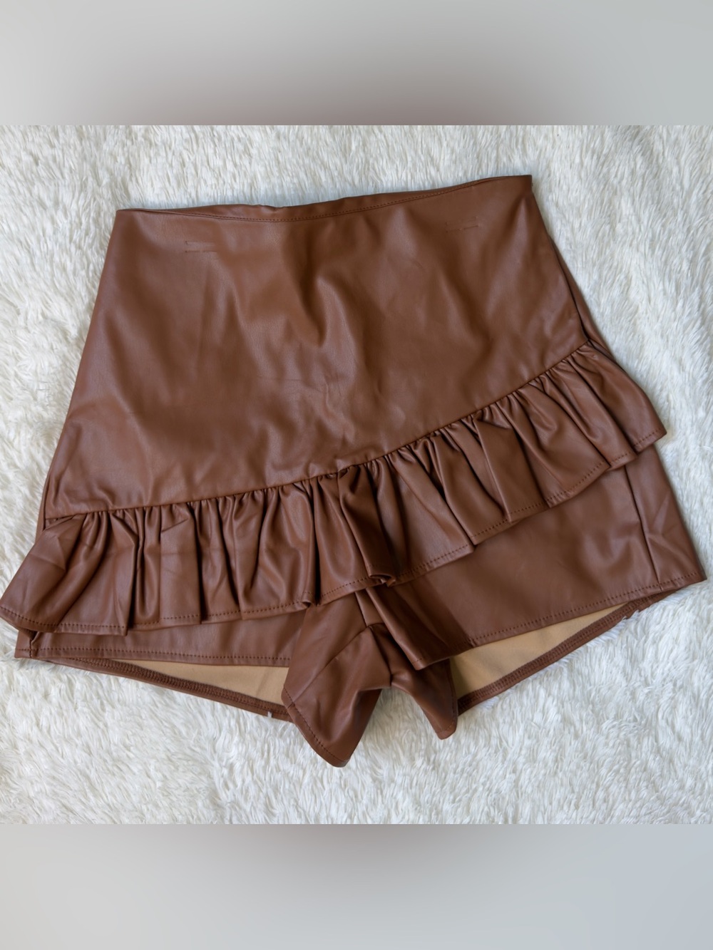 glam Brown Faux Leather Ruffle Skort